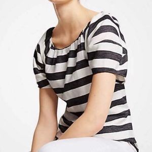 Ann Taylor Black White Striped Linen Blend Square Neck Short Sleeve Blouse Top 8
